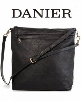 Danier Black Pebbled Leather Flap Crossbody Bag Gold Hardware Adjustable